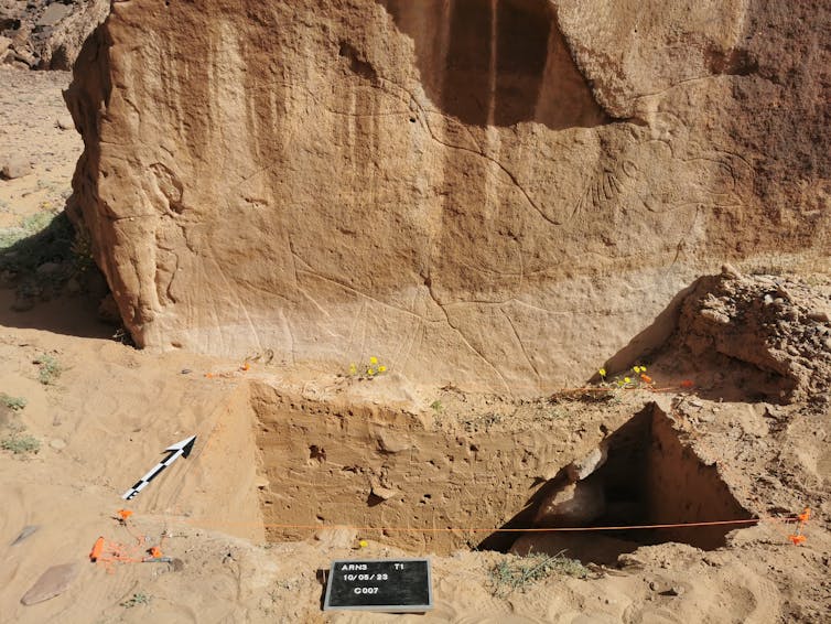 A sand-coloured rock face, featuring an engraving of a large camel.