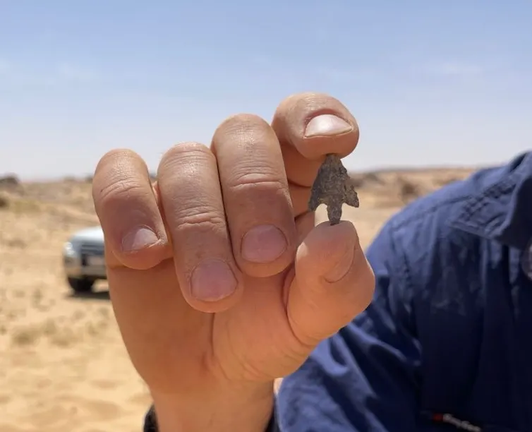 A hand holding a small arrowhead.