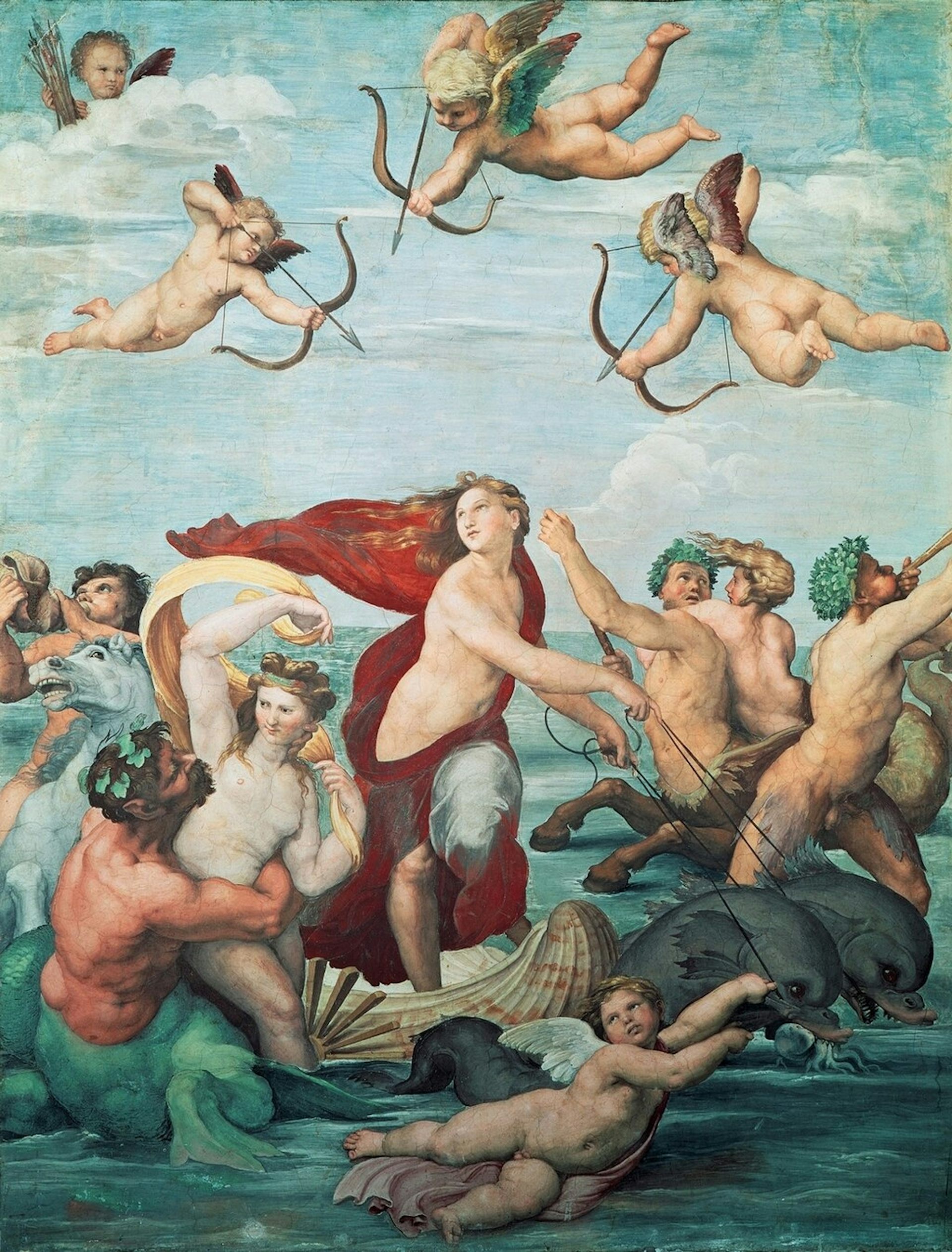 Painting of a woman rising from the sea, with cherubs shooting arrows at her from above and a battle being fought around her.