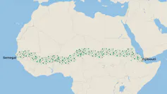 A map of Africa showing a green dotted line from east to west along the widest part at the top of the continent