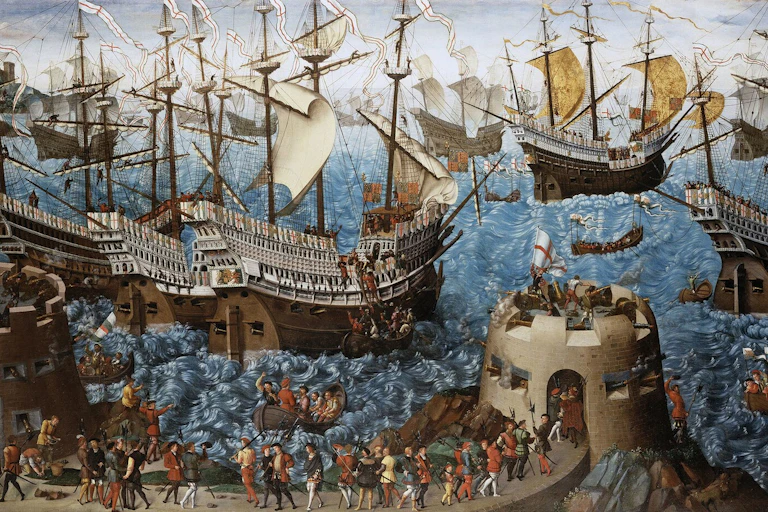 A painting from the Tudor period showing an armada of ships leaving Dover.