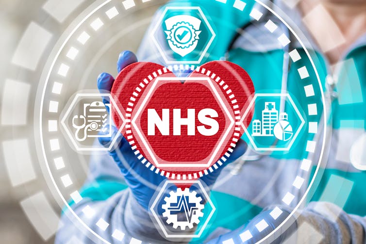 A gloved hand holds a red heart behind digital NHS symbol.