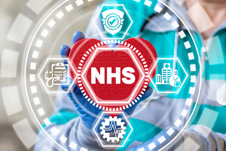 A gloved hand holds a red heart behind digital NHS symbol.