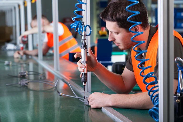 A man in an orange high vis vest on a factory production line