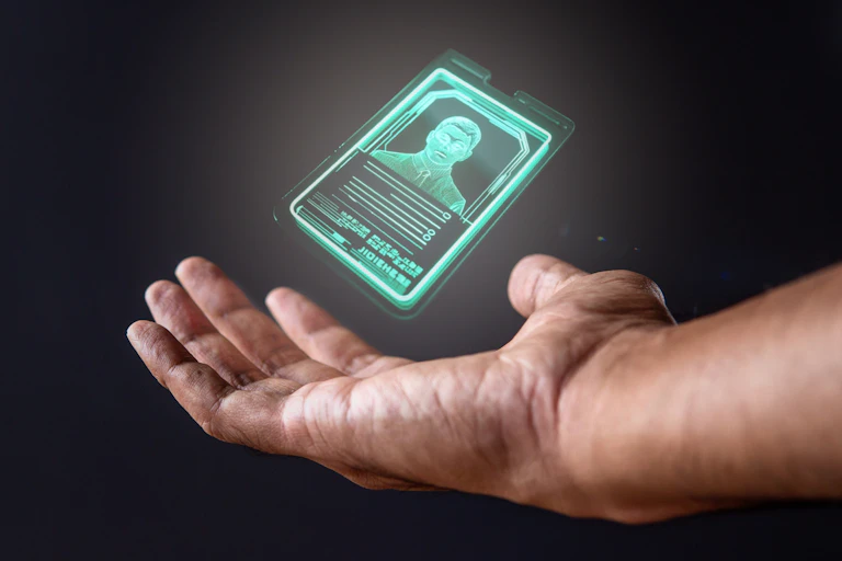 hand holding digital id card, black background