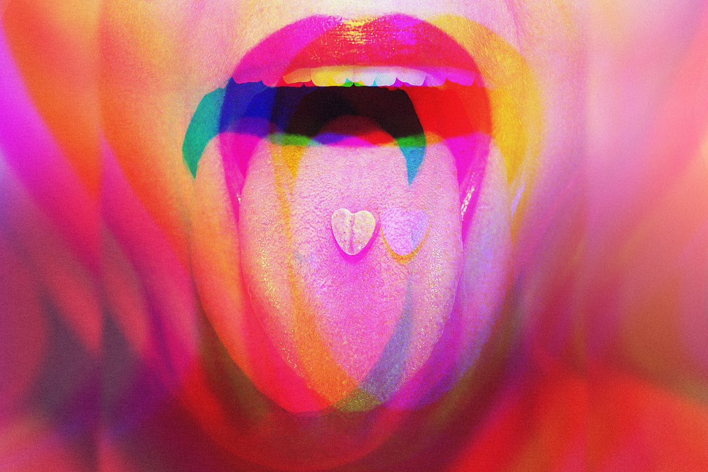 A trippy photo showing a pill on a woman's tongue.