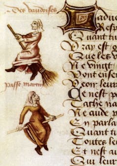 Marginalia showing a woman riding a broomstick