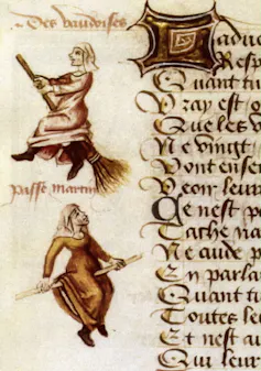Marginalia showing a woman riding a broomstick
