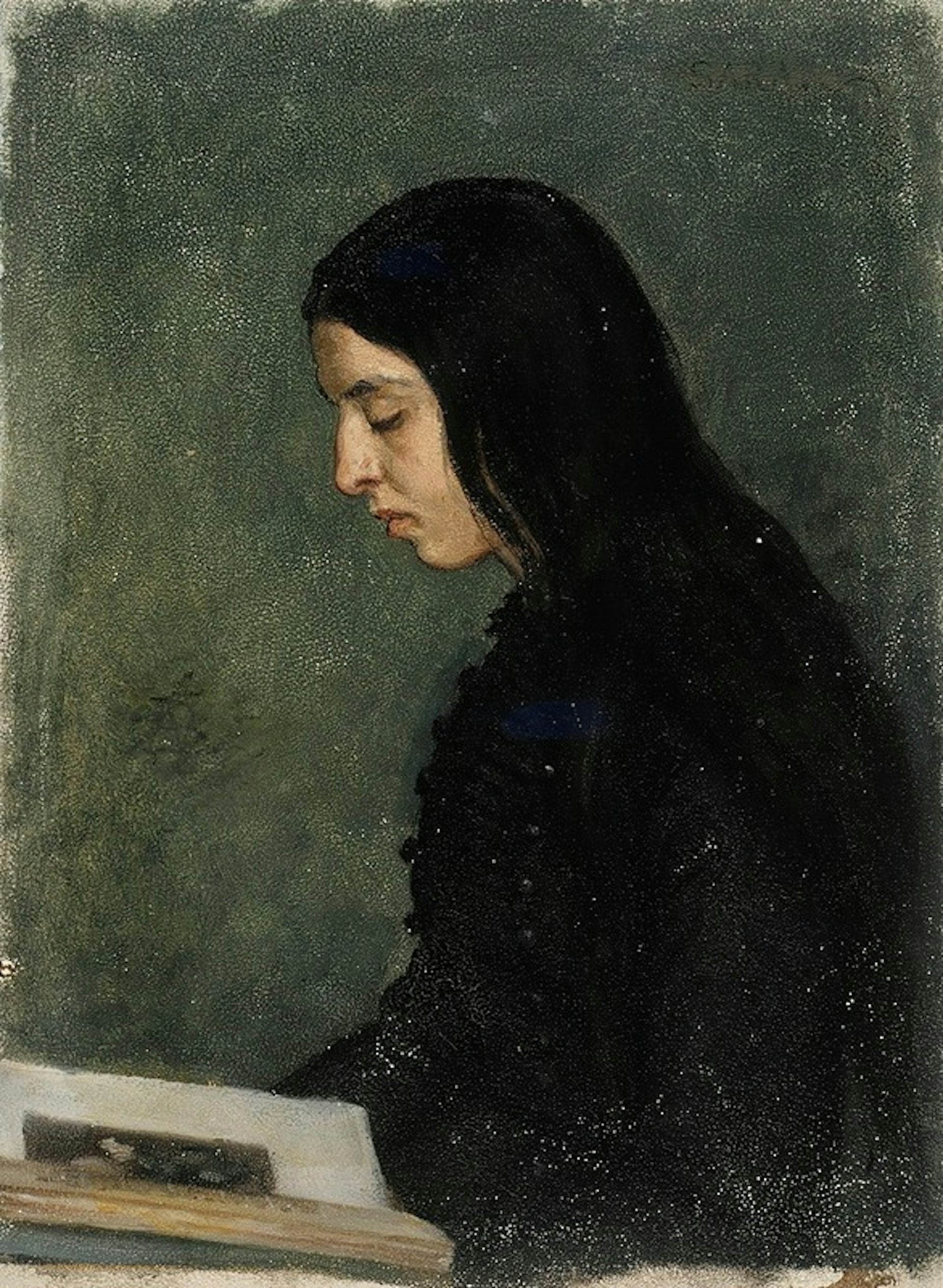 painting of a woman with long black hair reading a book