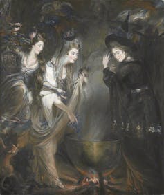 Painting of three witches over a cauldron