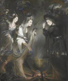 Painting of three witches over a cauldron