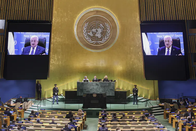 Mahmoud Abbas speaks via video conference to the UN General Assembly.