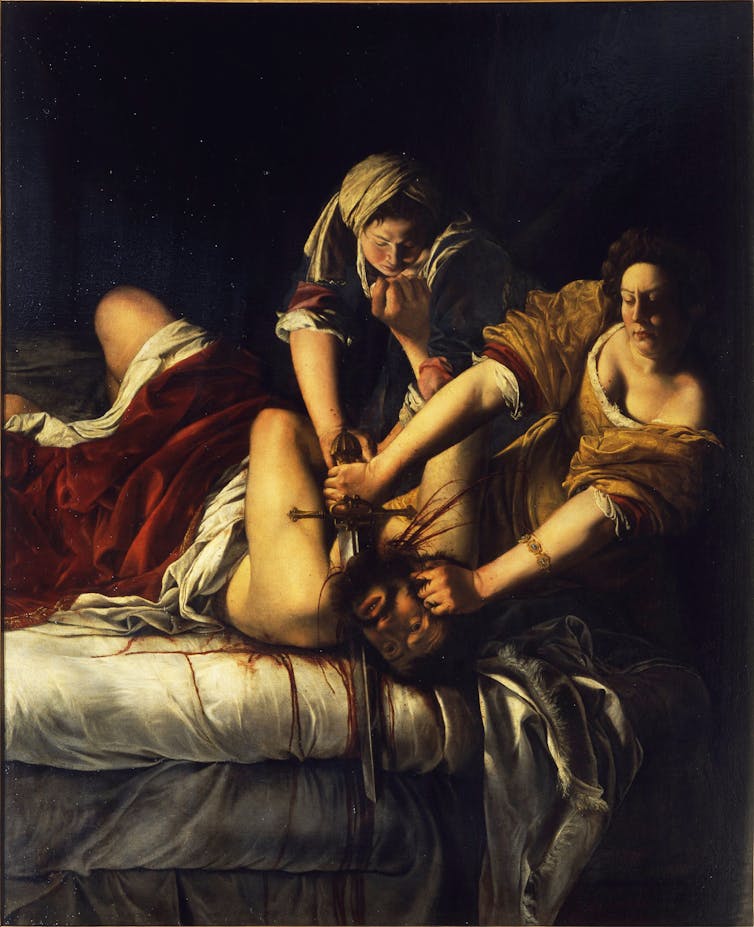 Painting showing two women beheading a man, who lies on a bed