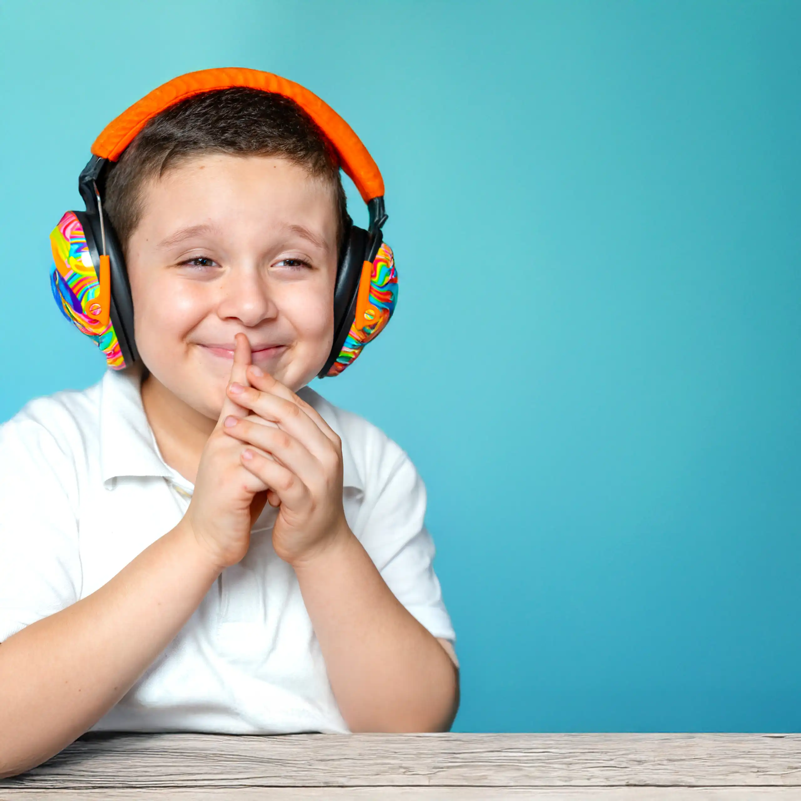 A boy sitting with colourful headphones