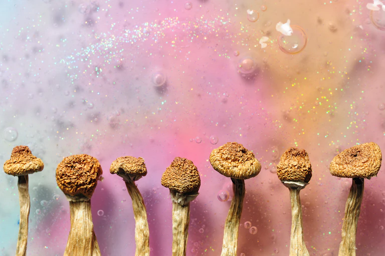 Psilocybin mushrooms on pink bright colourful background