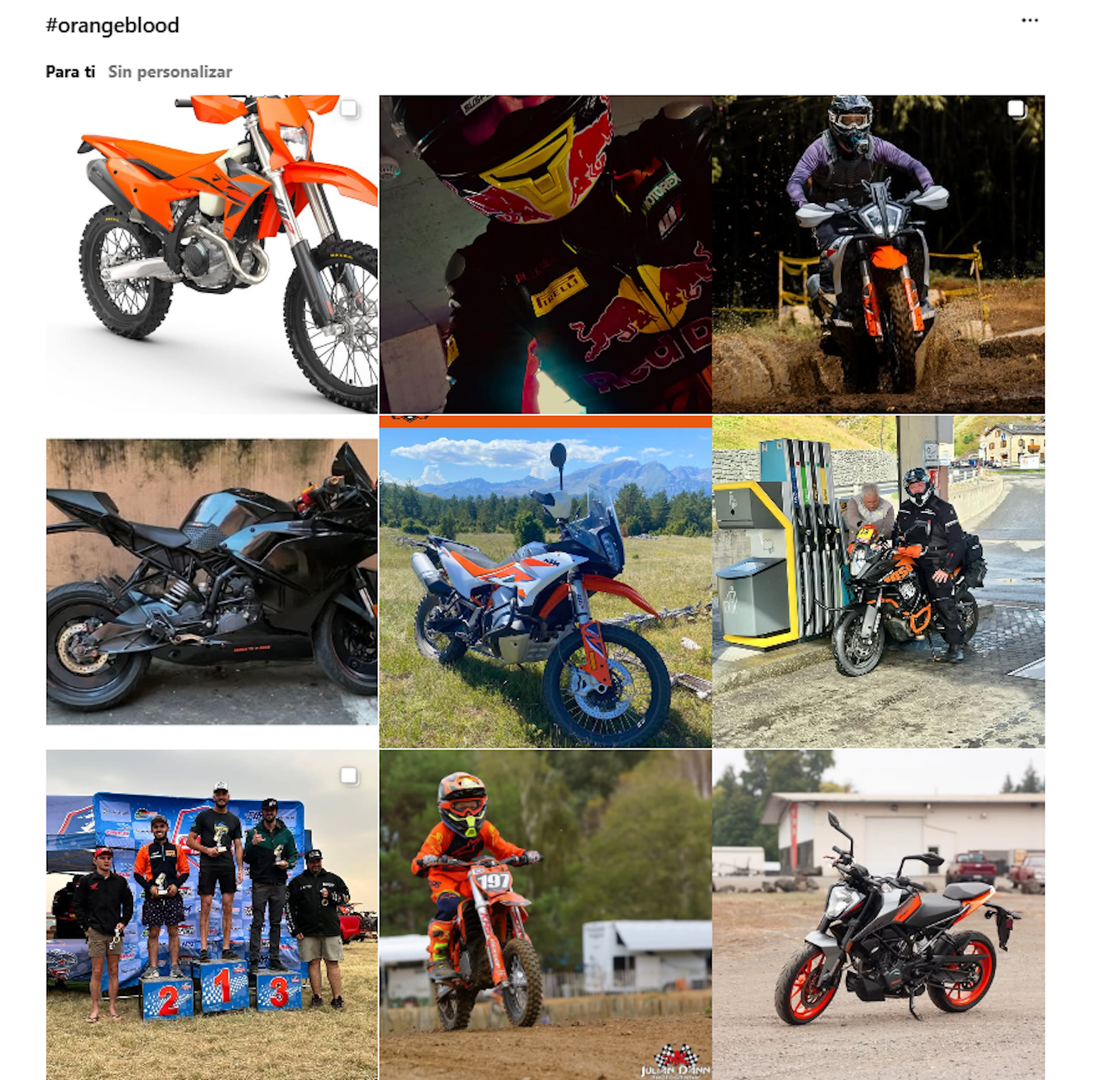 Different photos of Instagram users with orange motorcycles.