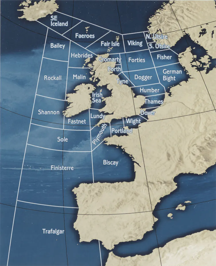 Map of the UK and Ireland with the sea around them divided into named zones.