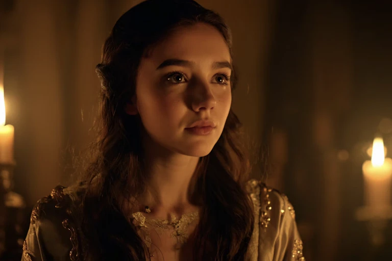 An AI woman dressed in medieval clothes lit by candlelight