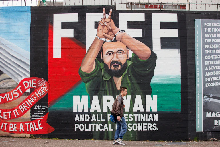 A mural depicting jailed Palestinian leader, Marwan Barghouti, on the International Wall in Belfast.