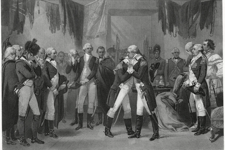 A man in a uniform embraces other men in uniform.