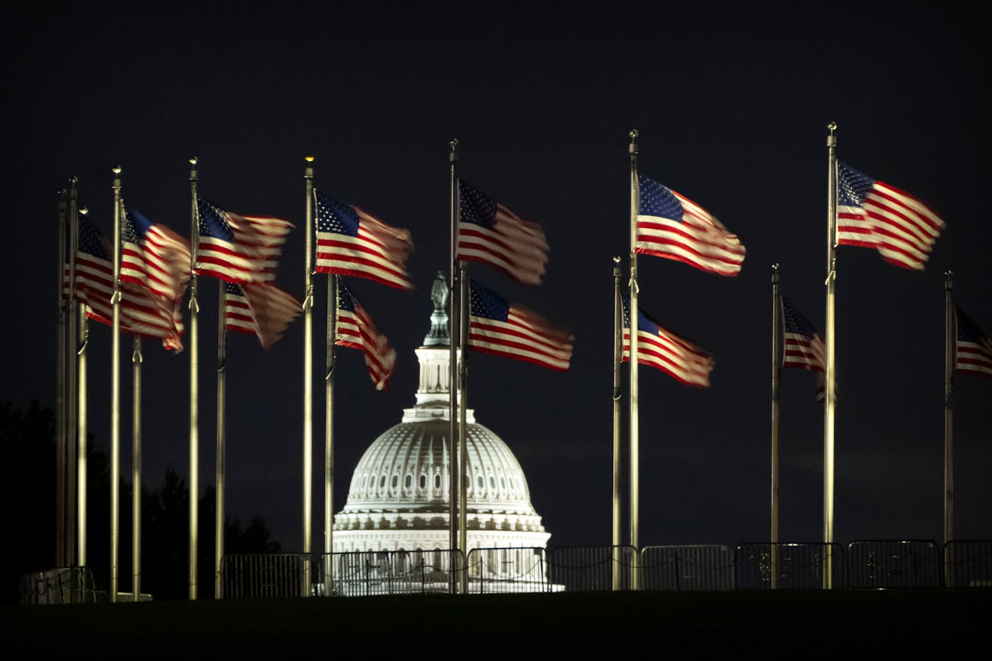 The dome of the U.S. Capitol is seen surrounded by U.S. flags.