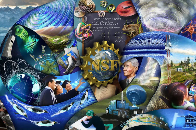 mural of NSF logo as well as images of ocean life, graduates, weather phenomena, technologies and more