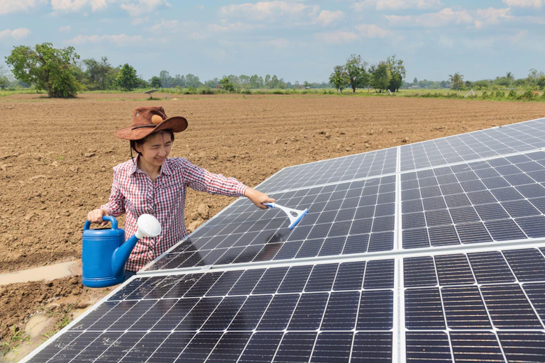 Woman cleans solar panel
