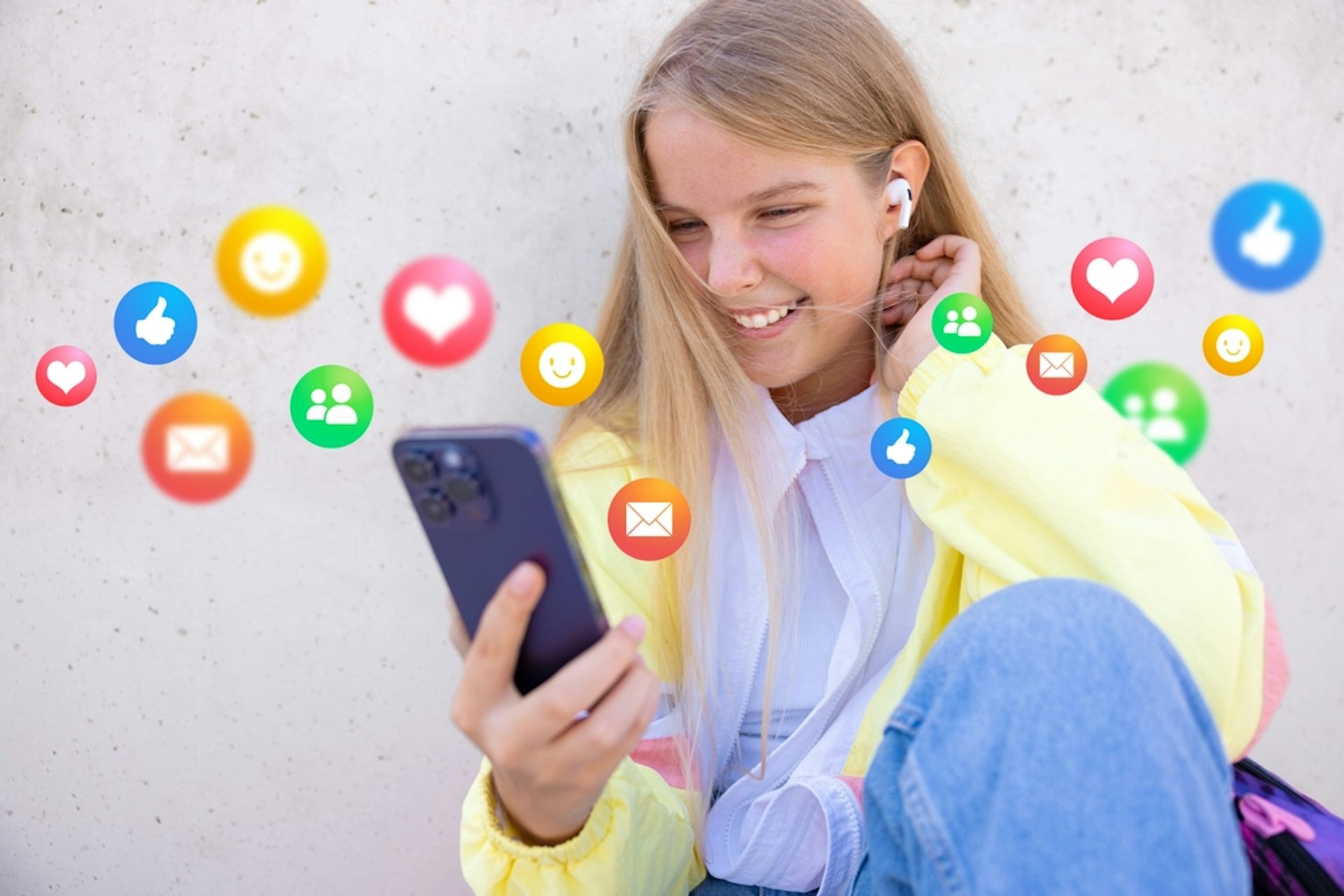 Adolescente utilisant des réseaux sociaux sur son téléphone portable