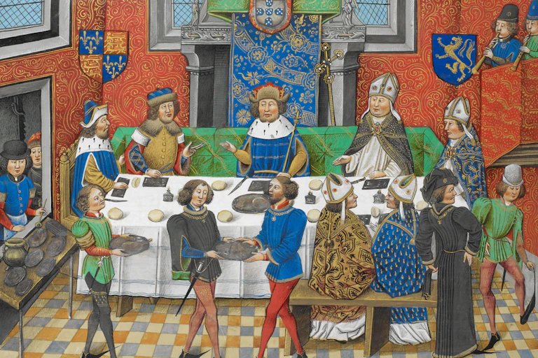 Jean de Gand dînant avec le roi du Portugal, Chronique d’Angleterre, vol. 3, fin du XIVᵉ siècle.