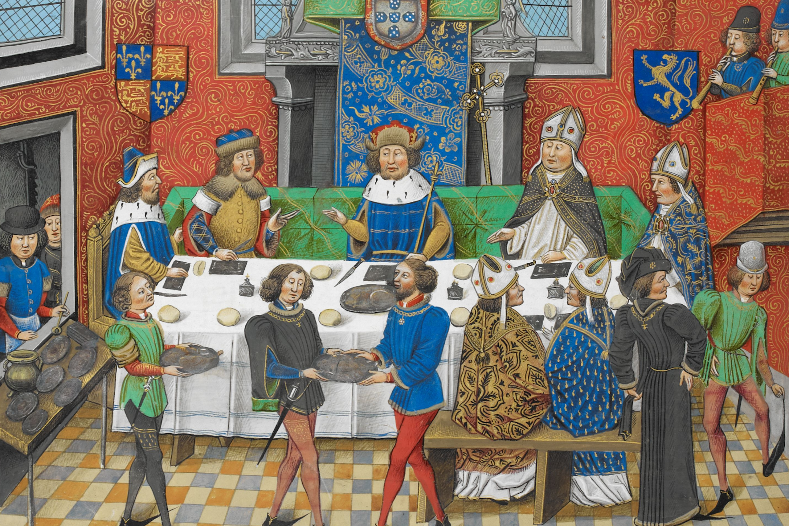Jean de Gand dînant avec le roi du Portugal, Chronique d’Angleterre, vol. 3, fin du XIVᵉ siècle.