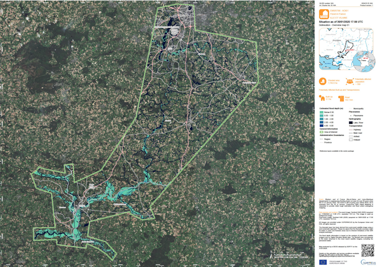 carte de la zone inondée avec la profondeur d’eau