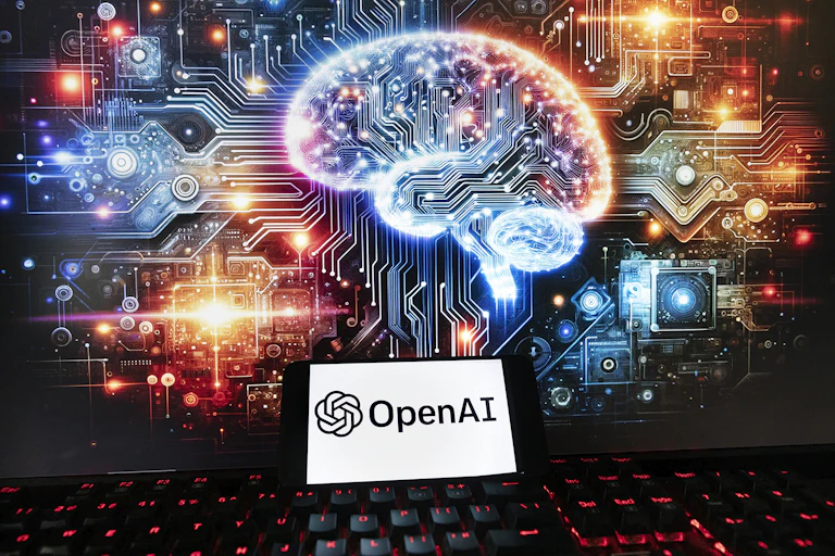Le logo d’OpenAI est affiché sur un téléphone cellulaire, avec une image sur un écran d’ordinateur représentant un cerveau illuminé et entouré de lumières et de motifs multicolores.