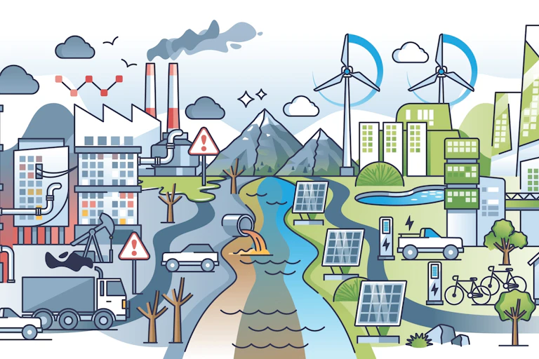 graphic showing city with pollution on left side of river and renewable energy/sustainable buildings on right side of river