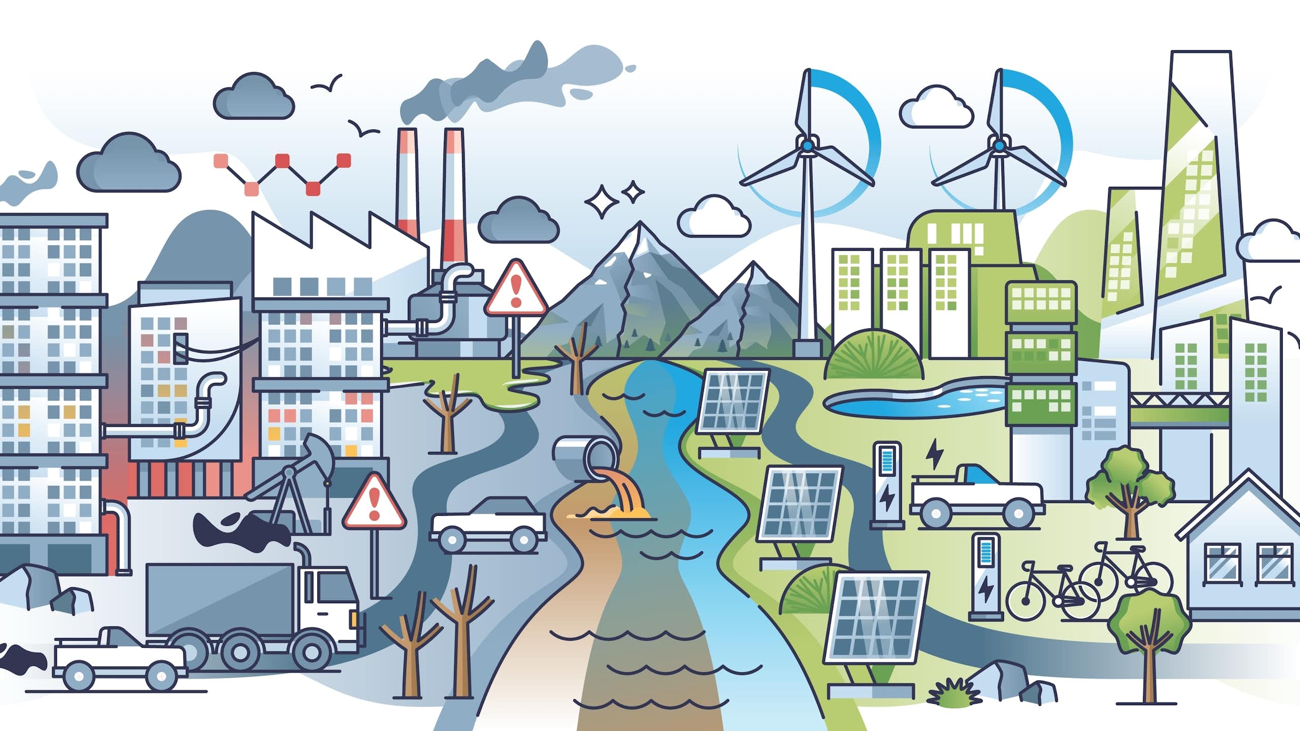 graphic showing city with pollution on left side of river and renewable energy/sustainable buildings on right side of river