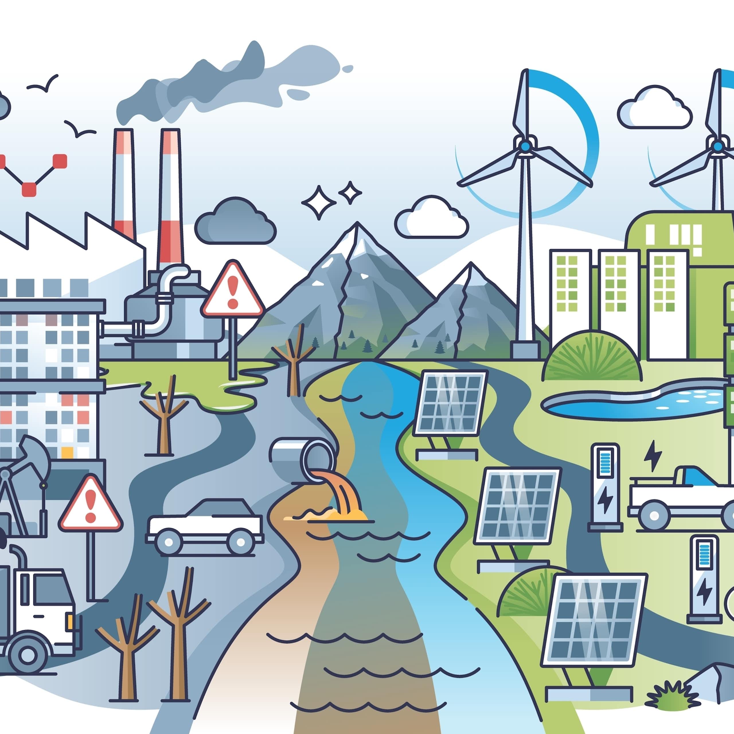 graphic showing city with pollution on left side of river and renewable energy/sustainable buildings on right side of river