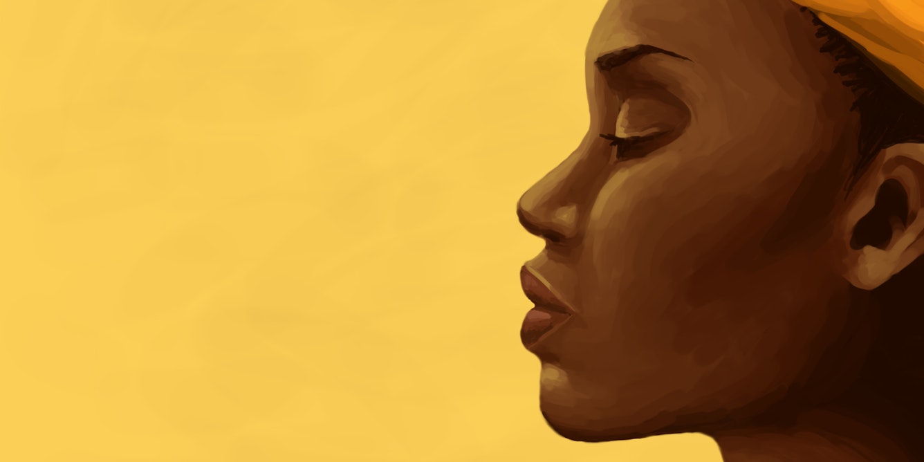 Illustration of a side profile of a black woman against a pale orange background
