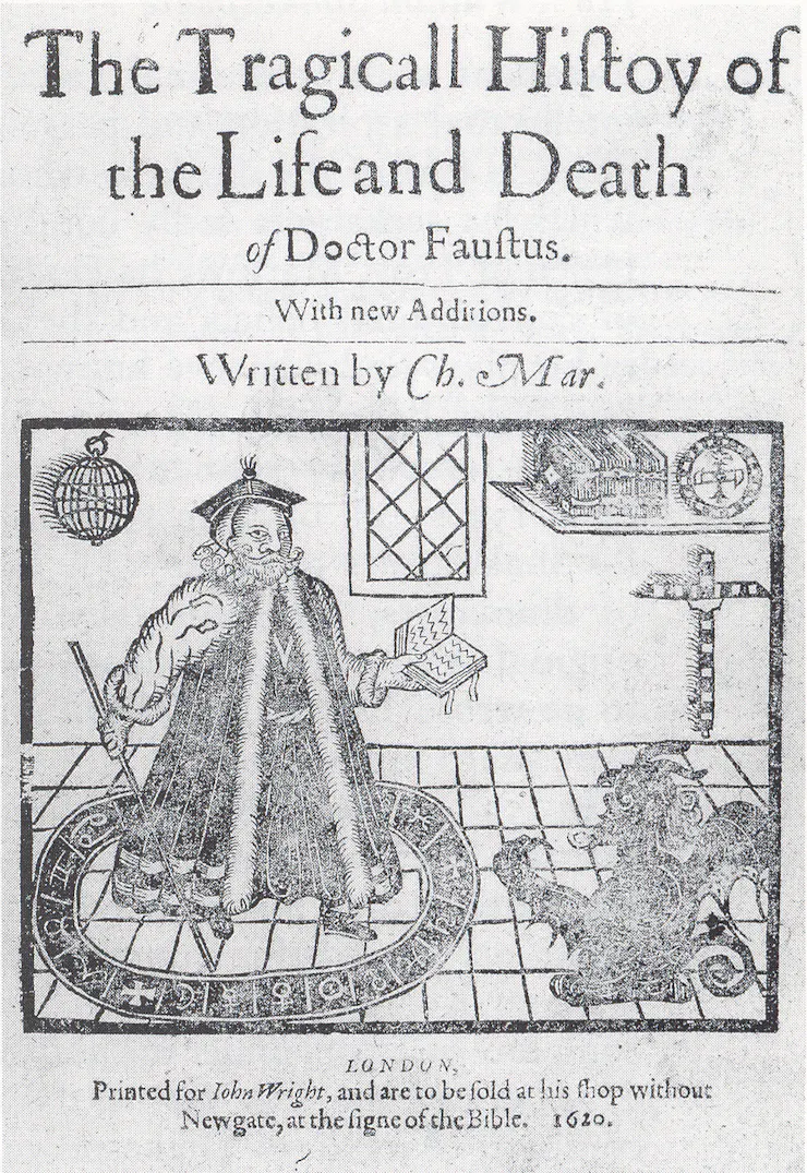 Page of a book reading 'The Tragic History of the Life and Death of Doctor Faustus' with an image of a man holding a book standing in a circle of runes summoning a demon