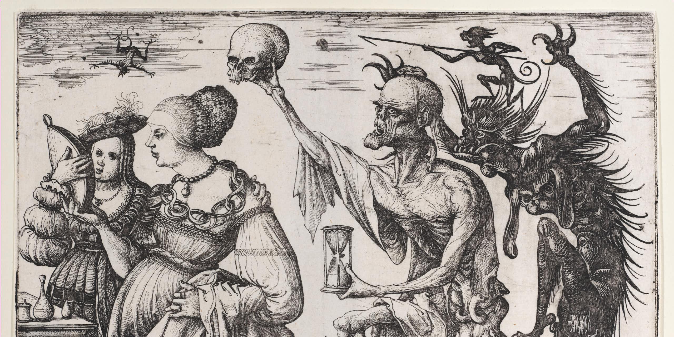 Etching of two creatures approaching  two women from behind.