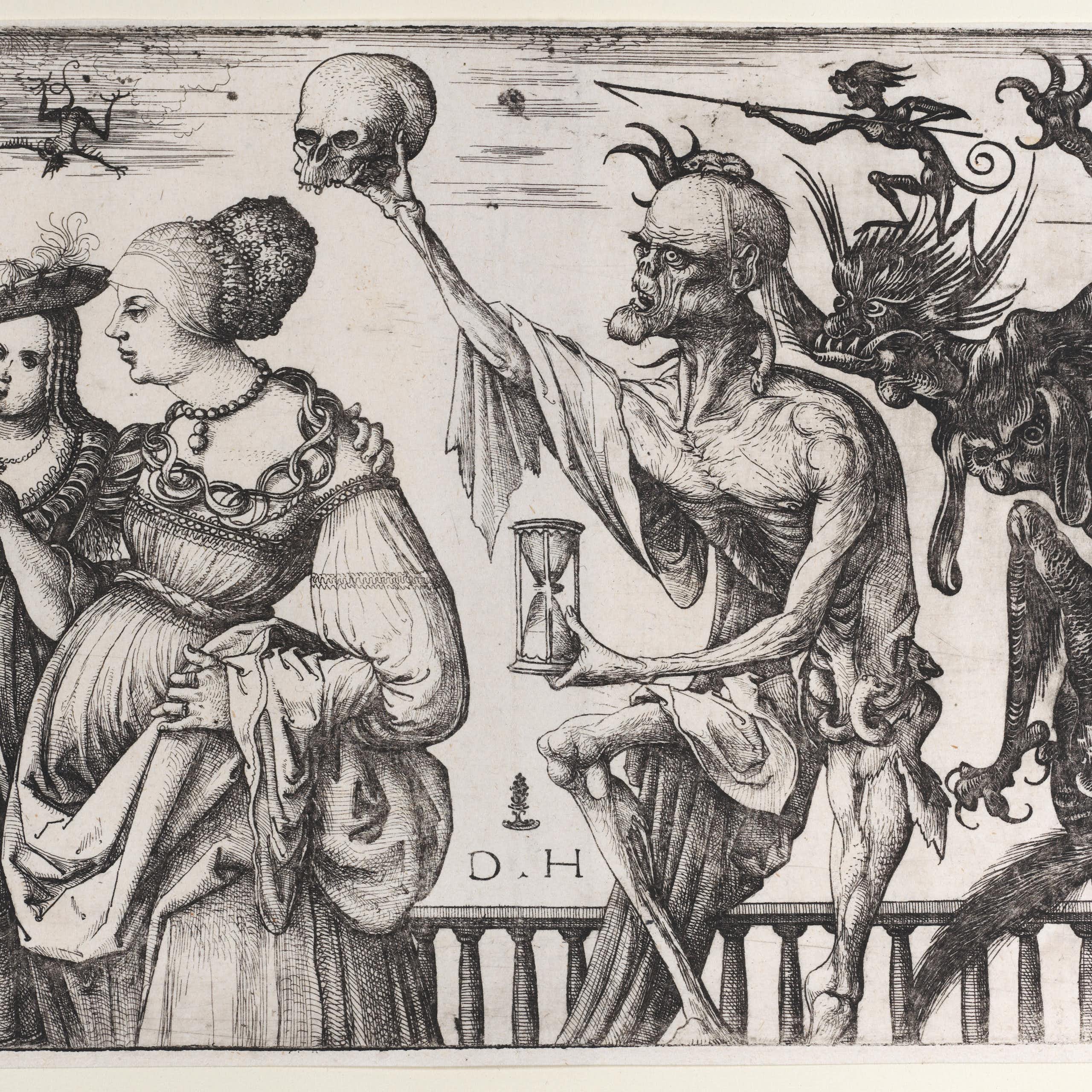 Etching of two creatures approaching  two women from behind.