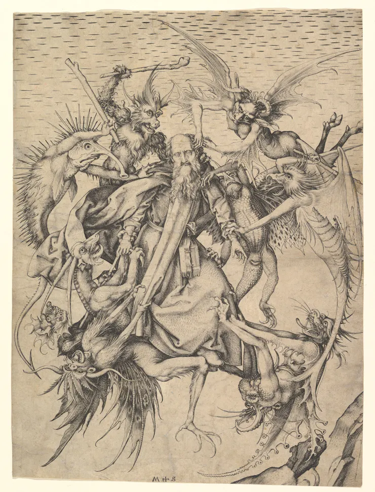 Engraving of a man surrounded by devilish creatures tearing at and beating him