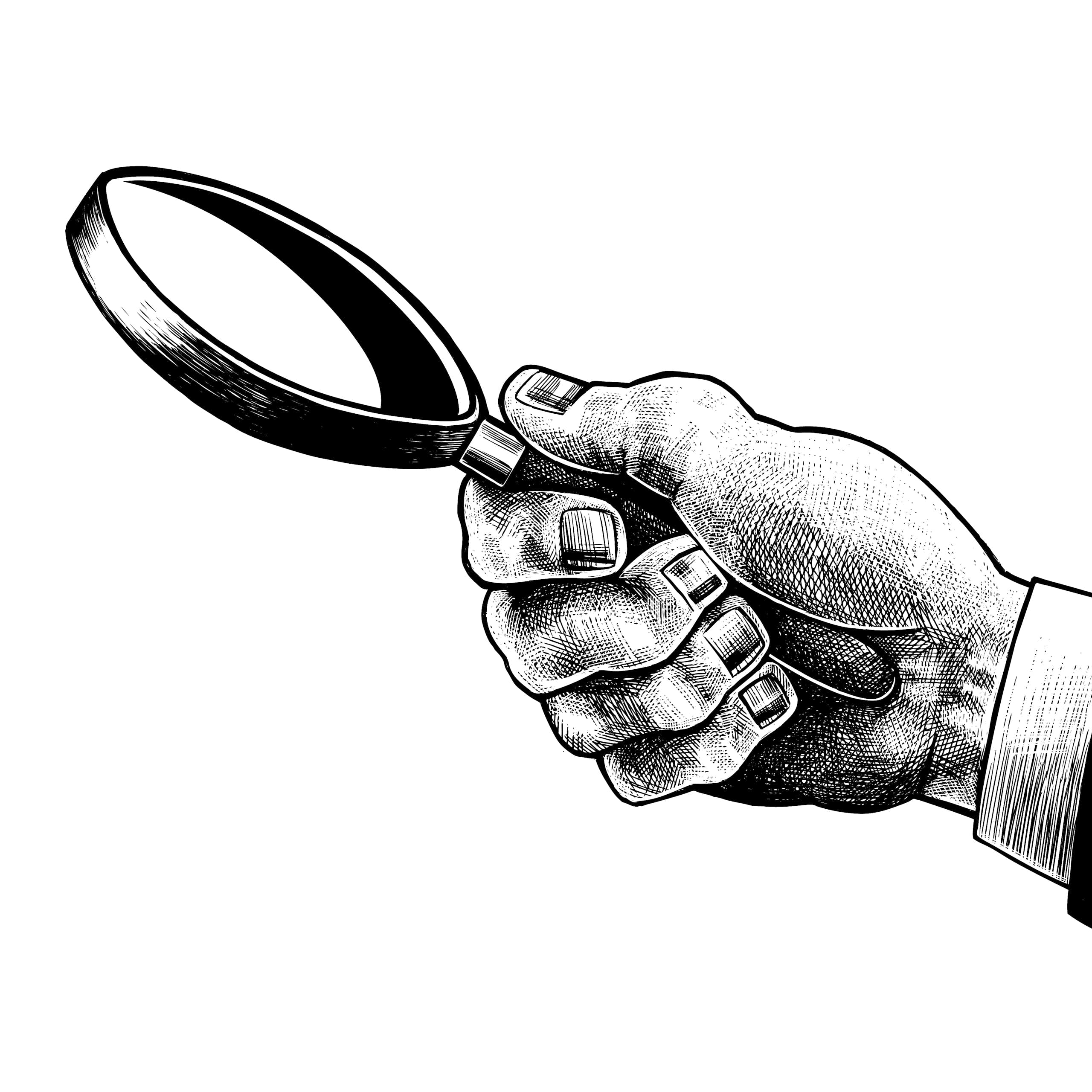 An illustration of a hand holding a magnifying glass.