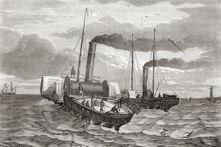 a boat laying submarine telegraph cable, historic illustration of steamship.