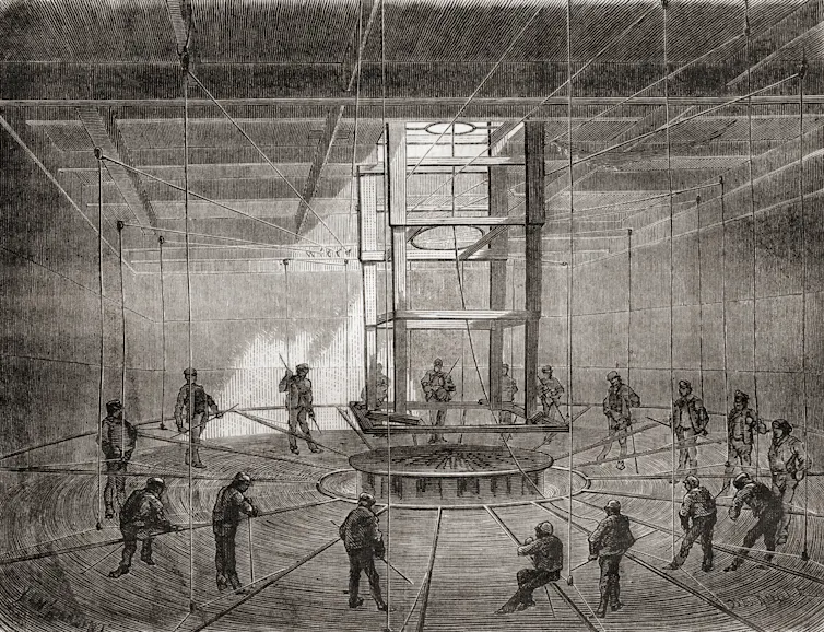 workers coiling telegraph cable, historic illustration.