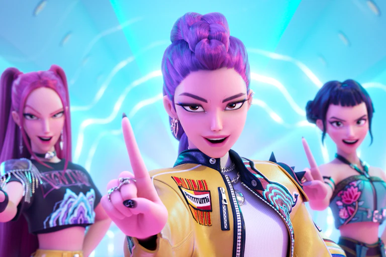Three animated girls in colourful clothing with pink, purple and black hair and fierce expressions.