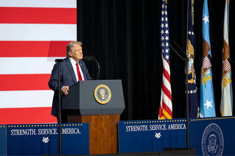 Donald Trump speaks during an address to senior US military officers.