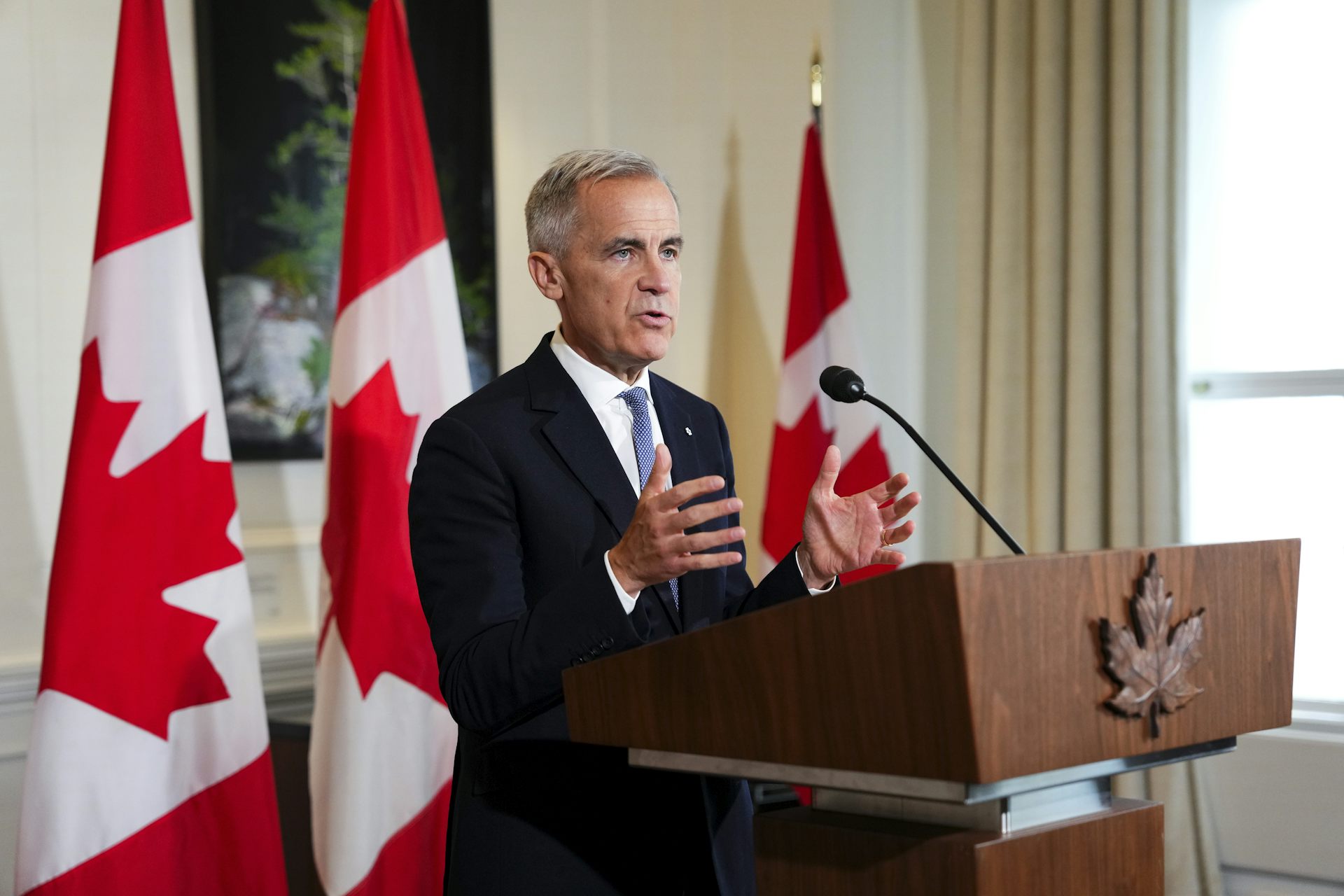 A man with short grey hair in a dark suit speaks into a microphone behind a lectern with three Canadian flags hanging behind him.