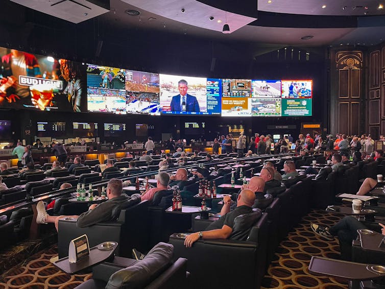 Rows of leather chairs filled with men, many of whom have multiple beers on their side tables. Big screens air different games and ads.