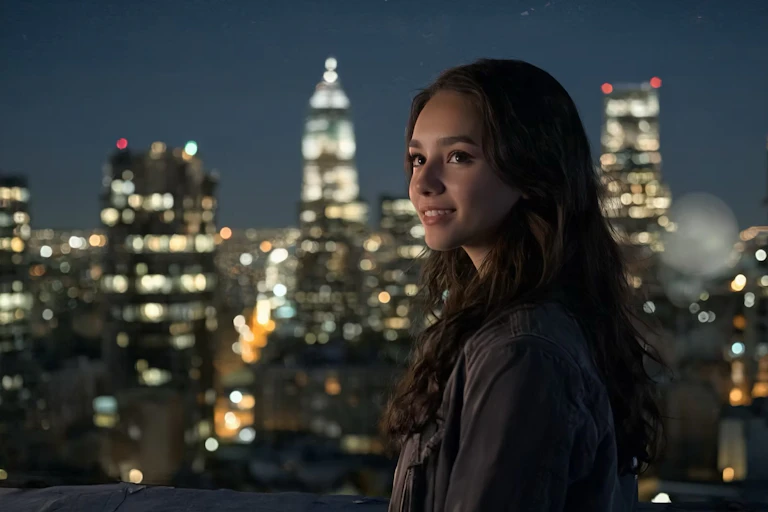 A woman stands in front of a night skyline.