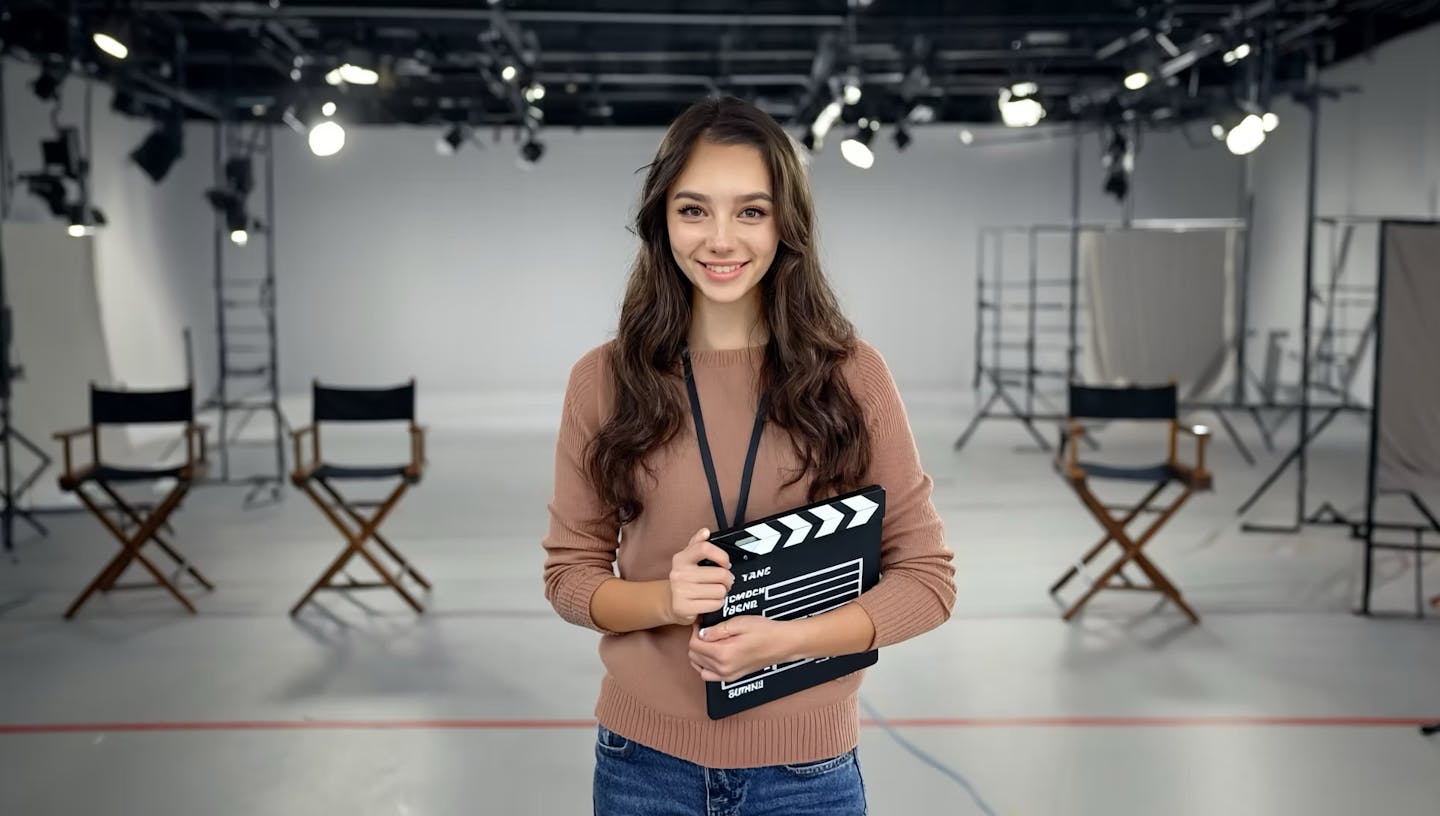 Norwood stands with a clapboard.