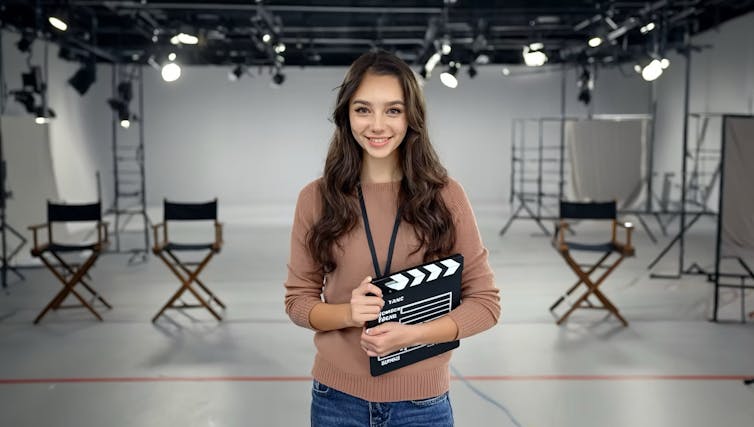 Norwood stands with a clapboard.